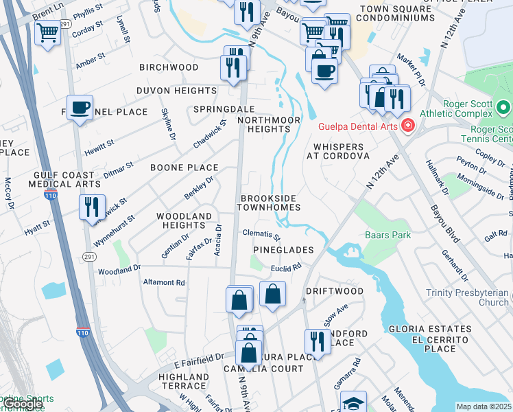 map of restaurants, bars, coffee shops, grocery stores, and more near 4235 Brookside Drive in Pensacola