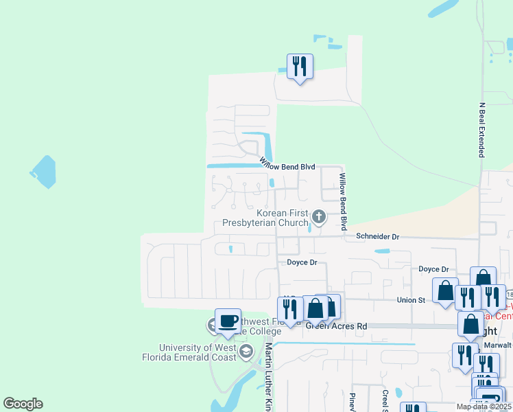 map of restaurants, bars, coffee shops, grocery stores, and more near 1817 Madelons Path in Fort Walton Beach