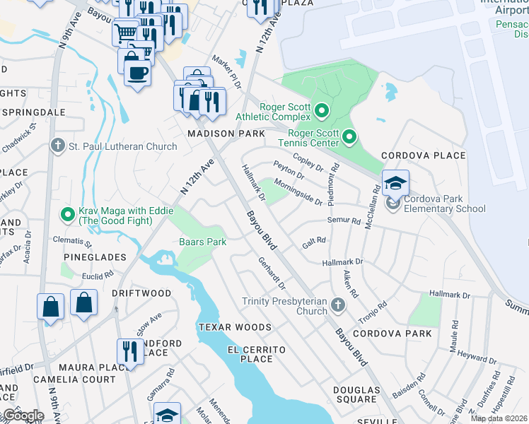 map of restaurants, bars, coffee shops, grocery stores, and more near 1911 Hallmark Drive in Pensacola