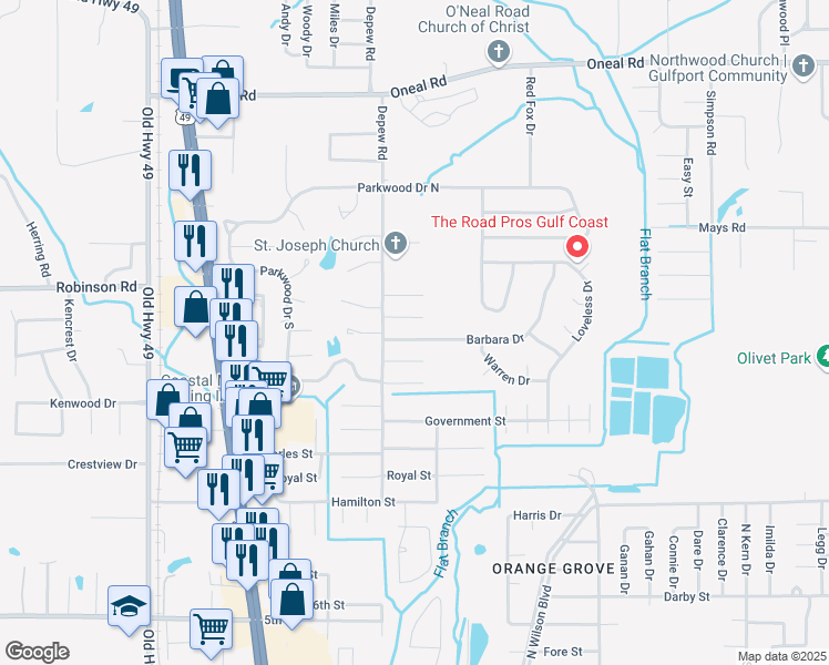 map of restaurants, bars, coffee shops, grocery stores, and more near 15228 Barbara Drive in Gulfport