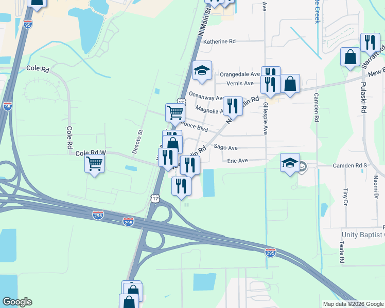 map of restaurants, bars, coffee shops, grocery stores, and more near 213 Holly Court in Jacksonville