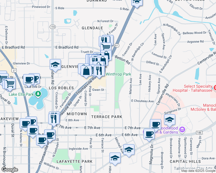 map of restaurants, bars, coffee shops, grocery stores, and more near 1534 Mitchell Avenue in Tallahassee