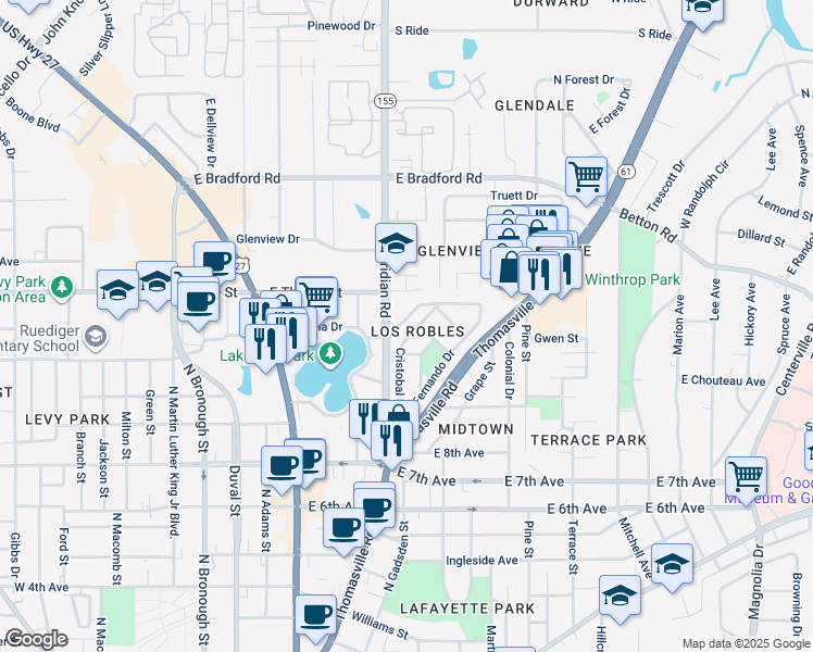 map of restaurants, bars, coffee shops, grocery stores, and more near 1567 Cristobal Drive in Tallahassee