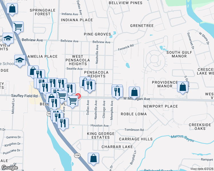 map of restaurants, bars, coffee shops, grocery stores, and more near 6025 Memphis Avenue in Pensacola