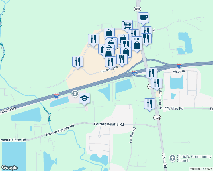 map of restaurants, bars, coffee shops, grocery stores, and more near 9811 Clearlake Lane in Denham Springs