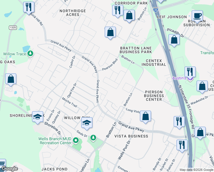 map of restaurants, bars, coffee shops, grocery stores, and more near 3101 Maysilee Street in Austin