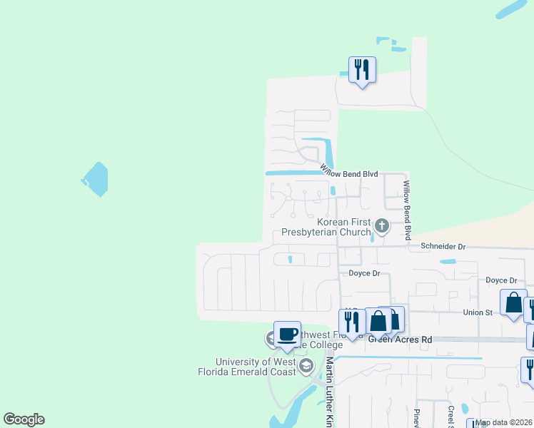 map of restaurants, bars, coffee shops, grocery stores, and more near 2019 Woodfern Path in Fort Walton Beach