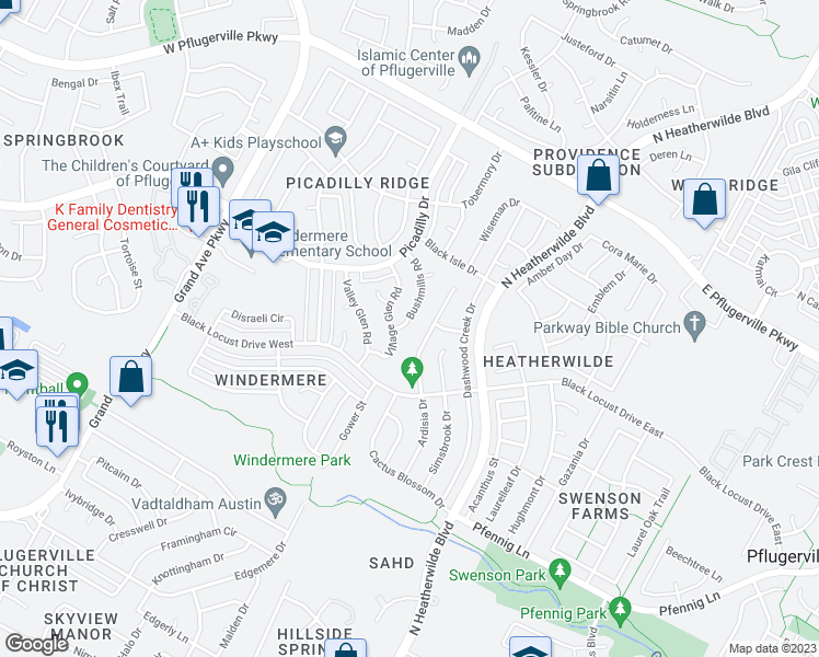 map of restaurants, bars, coffee shops, grocery stores, and more near 17213 Bushmills Road in Pflugerville