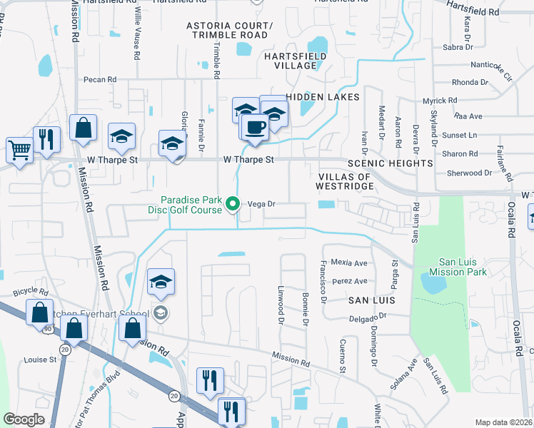 map of restaurants, bars, coffee shops, grocery stores, and more near 1413 Abbeywood Lane in Tallahassee