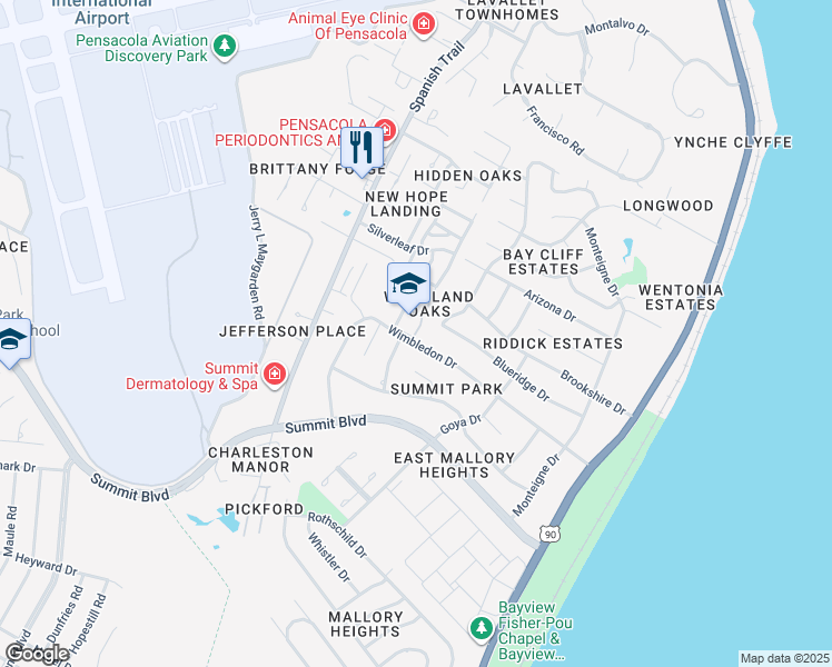 map of restaurants, bars, coffee shops, grocery stores, and more near 3528 Parkwood Lane in Pensacola