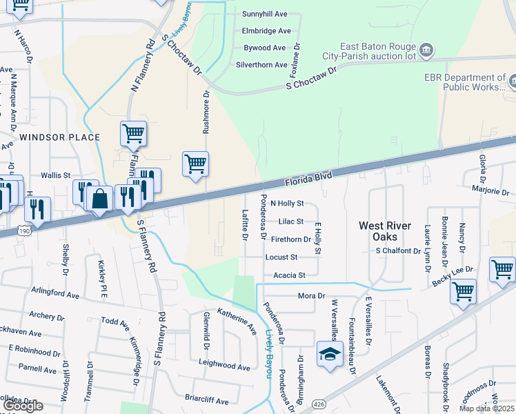 map of restaurants, bars, coffee shops, grocery stores, and more near 184 Ponderosa Drive in Baton Rouge