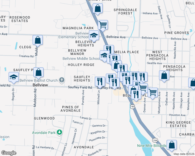 map of restaurants, bars, coffee shops, grocery stores, and more near 4608 Saufley Field Road in Pensacola
