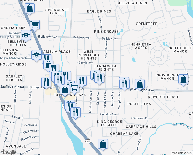 map of restaurants, bars, coffee shops, grocery stores, and more near 6031 Dallas Avenue in Pensacola