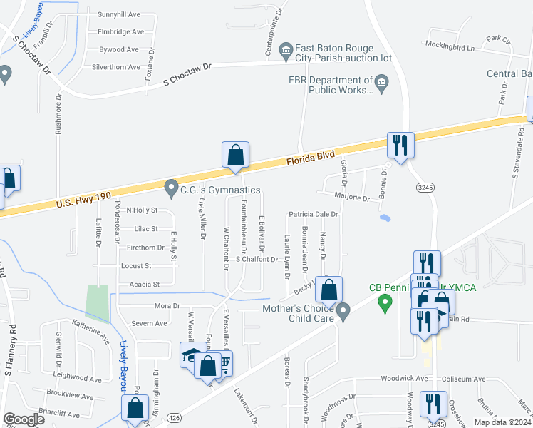 map of restaurants, bars, coffee shops, grocery stores, and more near 277 East Bolivar Drive in Baton Rouge