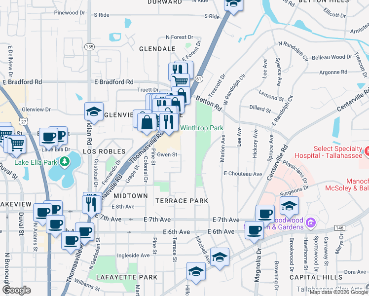 map of restaurants, bars, coffee shops, grocery stores, and more near 1534 Mitchell Avenue in Tallahassee
