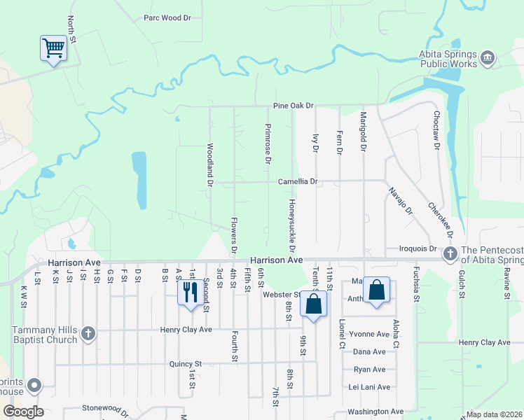 map of restaurants, bars, coffee shops, grocery stores, and more near 104 Primrose Drive in Covington