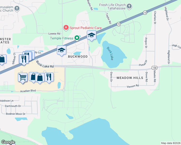 map of restaurants, bars, coffee shops, grocery stores, and more near 4405 Buck Lake Road in Tallahassee