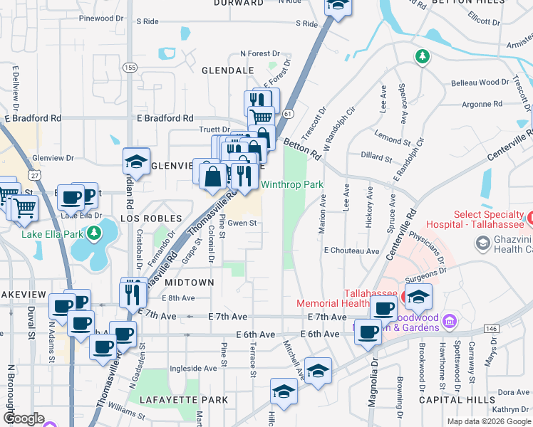 map of restaurants, bars, coffee shops, grocery stores, and more near 1534 Mitchell Avenue in Tallahassee