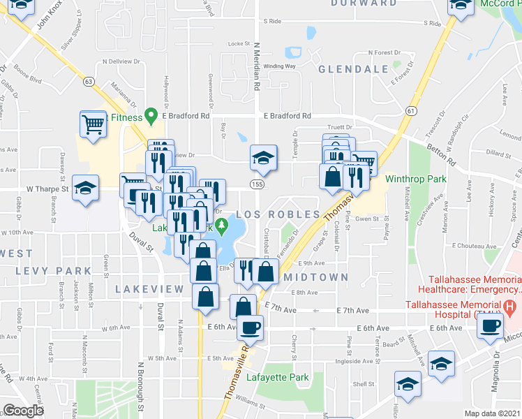 map of restaurants, bars, coffee shops, grocery stores, and more near 1649 Lake Ella Drive in Tallahassee