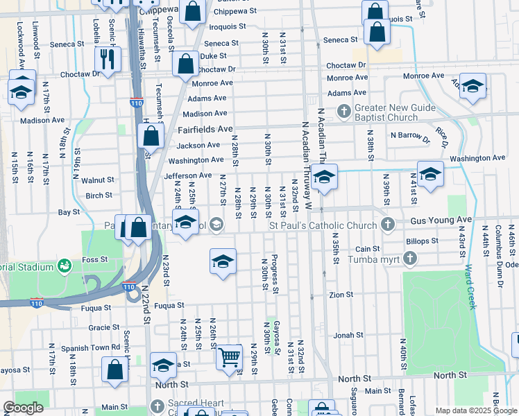 map of restaurants, bars, coffee shops, grocery stores, and more near 1446 North 29th Street in Baton Rouge