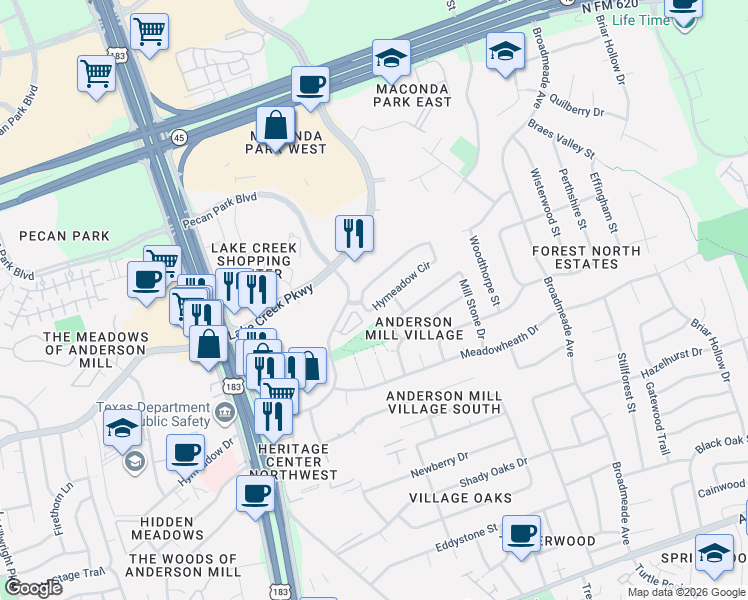 map of restaurants, bars, coffee shops, grocery stores, and more near 13001 Hymeadow Drive in Austin