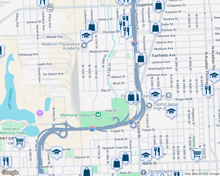map of restaurants, bars, coffee shops, grocery stores, and more near 1845 Ellerslie Drive in Baton Rouge
