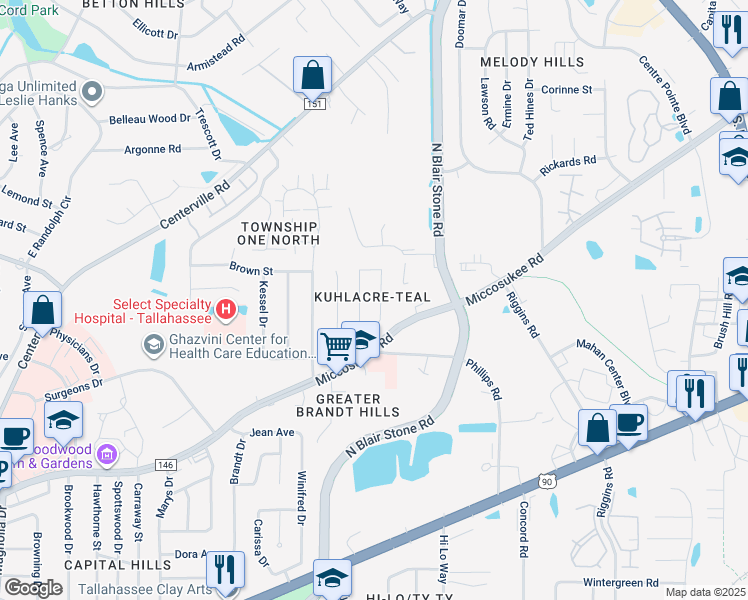map of restaurants, bars, coffee shops, grocery stores, and more near 542 Teal Lane in Tallahassee