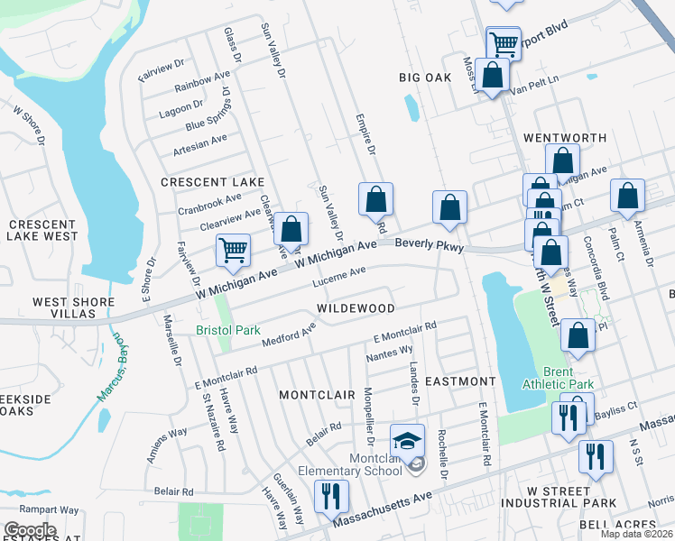 map of restaurants, bars, coffee shops, grocery stores, and more near 5204 Clifton Avenue in Pensacola