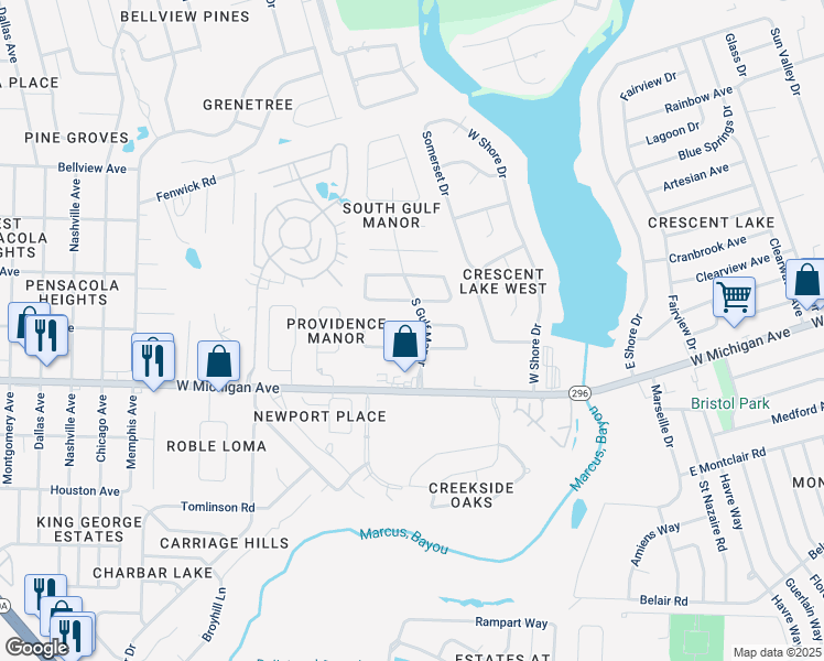 map of restaurants, bars, coffee shops, grocery stores, and more near 2301 Silversides Loop in Pensacola