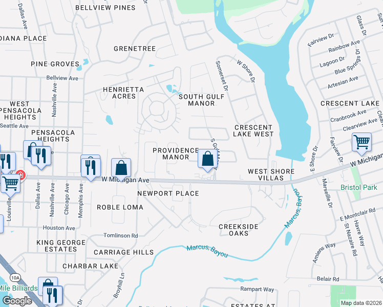 map of restaurants, bars, coffee shops, grocery stores, and more near 2353 Silversides Loop in Pensacola