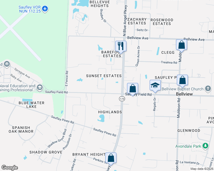 map of restaurants, bars, coffee shops, grocery stores, and more near 6240 Suntan Circle in Pensacola