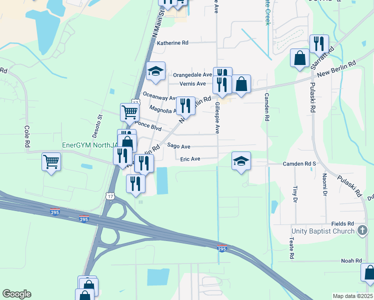 map of restaurants, bars, coffee shops, grocery stores, and more near 356 Sago Avenue in Jacksonville
