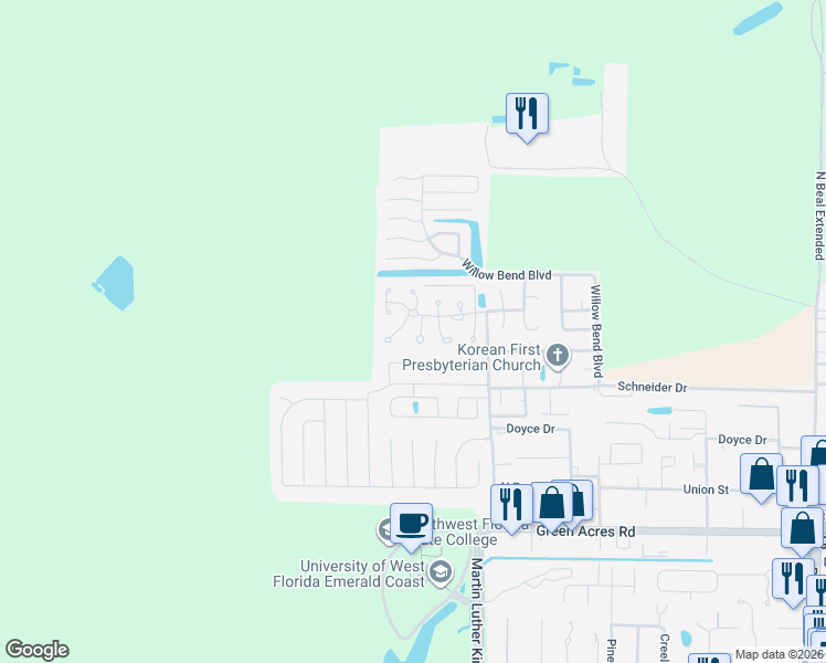 map of restaurants, bars, coffee shops, grocery stores, and more near 422 Joellen Lane in Fort Walton Beach
