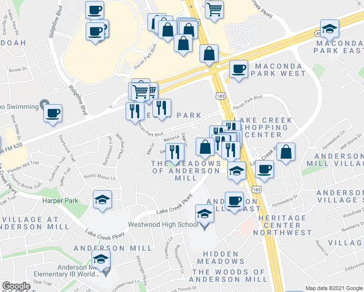 map of restaurants, bars, coffee shops, grocery stores, and more near Charles Ln in Austin
