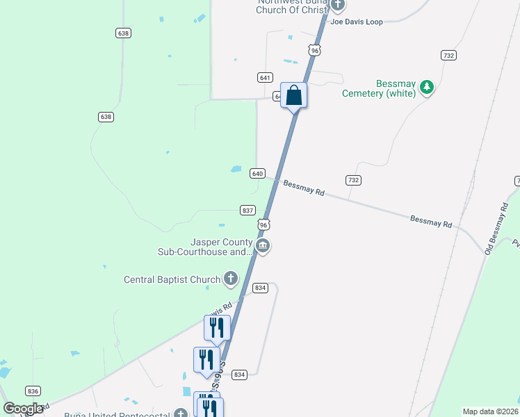 map of restaurants, bars, coffee shops, grocery stores, and more near 32889 U.S. 96 in Buna