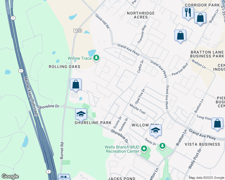 map of restaurants, bars, coffee shops, grocery stores, and more near 15530 Cadoz Drive in Austin