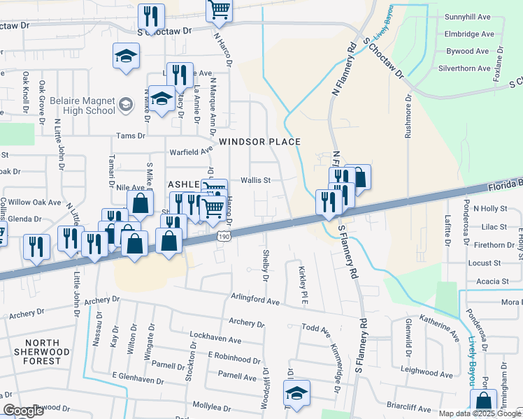 map of restaurants, bars, coffee shops, grocery stores, and more near 13047 Florida Boulevard in Baton Rouge