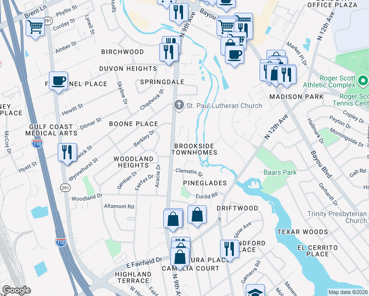 map of restaurants, bars, coffee shops, grocery stores, and more near 4219 Brookside Drive in Pensacola