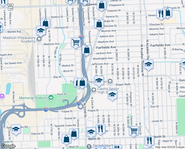 map of restaurants, bars, coffee shops, grocery stores, and more near 1732 Plank Road in Baton Rouge