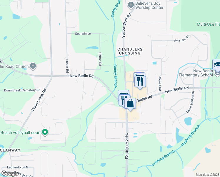 map of restaurants, bars, coffee shops, grocery stores, and more near 2935 New Berlin Road in Jacksonville