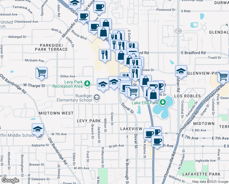 map of restaurants, bars, coffee shops, grocery stores, and more near 401 West Tharpe Street in Tallahassee