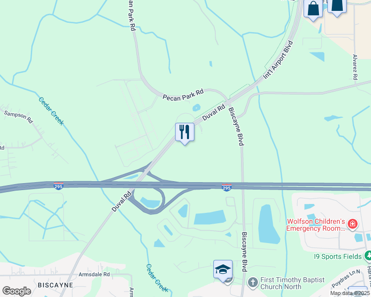 map of restaurants, bars, coffee shops, grocery stores, and more near 12921 Duval Road in Jacksonville