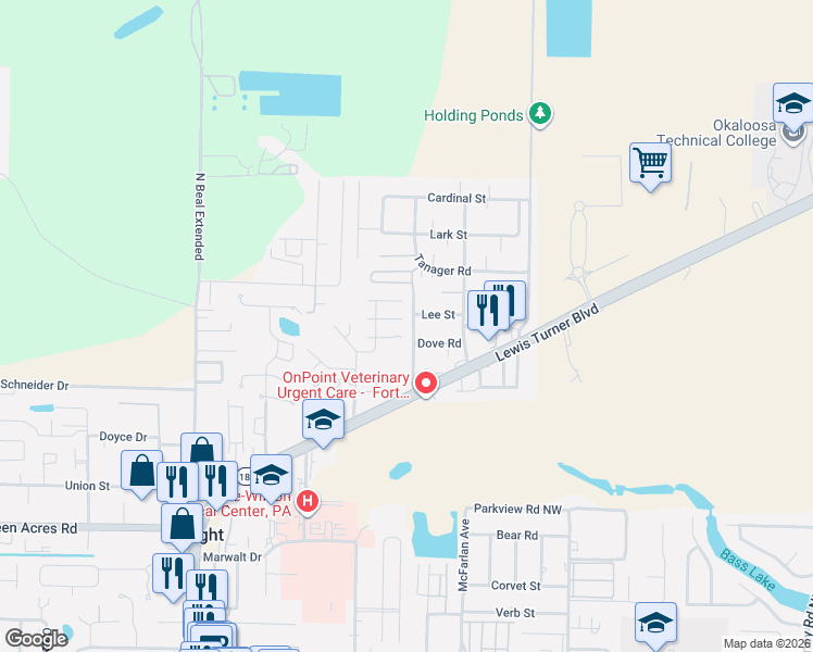 map of restaurants, bars, coffee shops, grocery stores, and more near 601 Lee Street in Fort Walton Beach