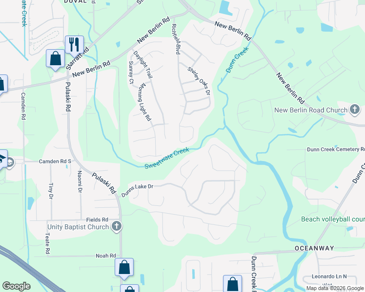 map of restaurants, bars, coffee shops, grocery stores, and more near 1443 Samantha Circle South in Jacksonville