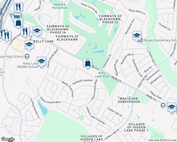 map of restaurants, bars, coffee shops, grocery stores, and more near 2917 Kerbey Heights Court in Pflugerville