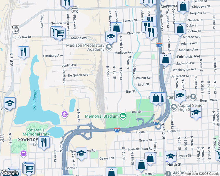 map of restaurants, bars, coffee shops, grocery stores, and more near 1727 North 15th Street in Baton Rouge