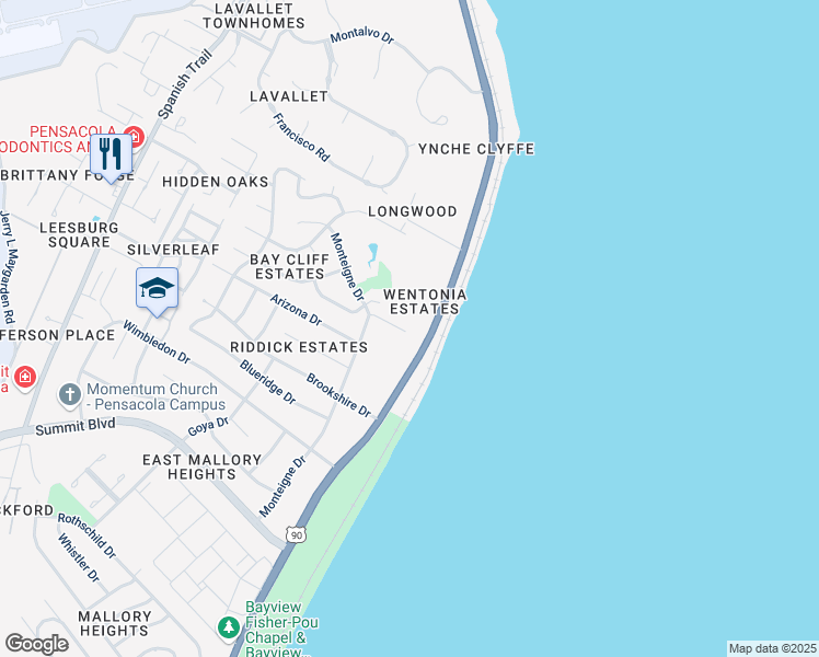 map of restaurants, bars, coffee shops, grocery stores, and more near 3655 Chastain Way in Pensacola