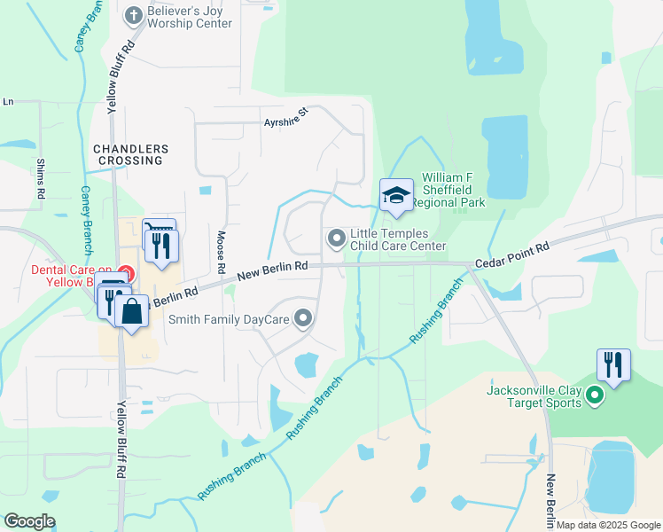map of restaurants, bars, coffee shops, grocery stores, and more near 3525 New Berlin Road in Jacksonville