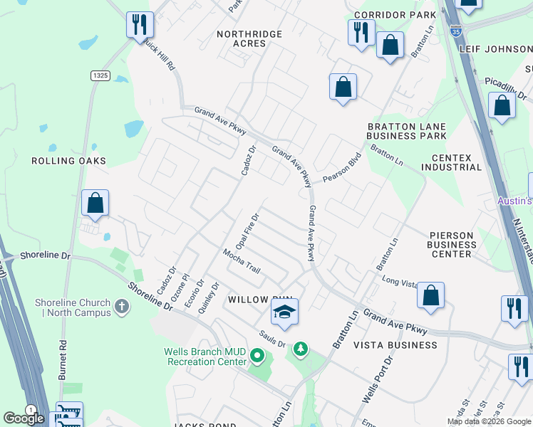 map of restaurants, bars, coffee shops, grocery stores, and more near 3620 Roller Crossing in Austin