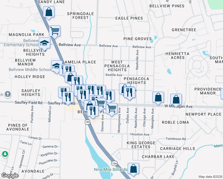 map of restaurants, bars, coffee shops, grocery stores, and more near 6101 Louisville Avenue in Pensacola